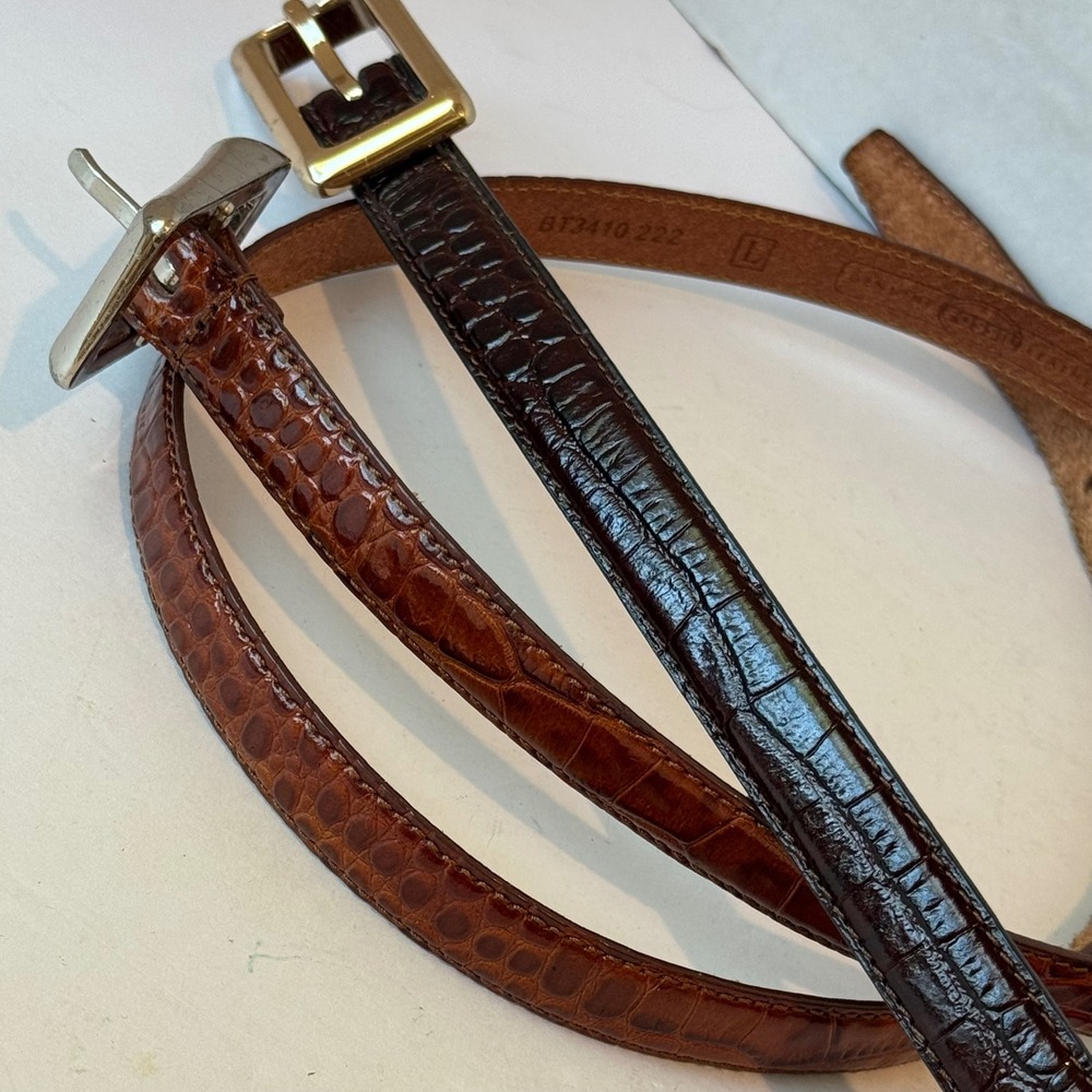 Fossil Croc Embossed Belts Womens Large Brown Set of 2 Good Skinny Leather - Picture 2 of 10